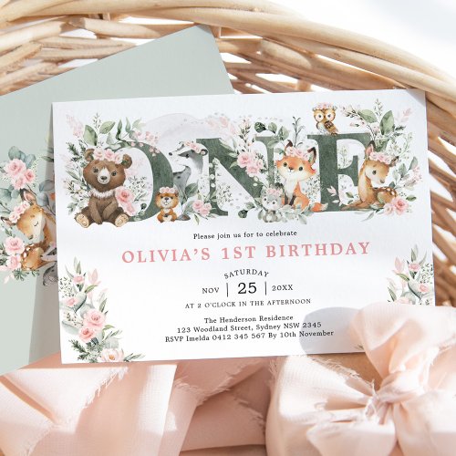 Pink Flowers Woodland Animals 1st Birthday Girl Invitation