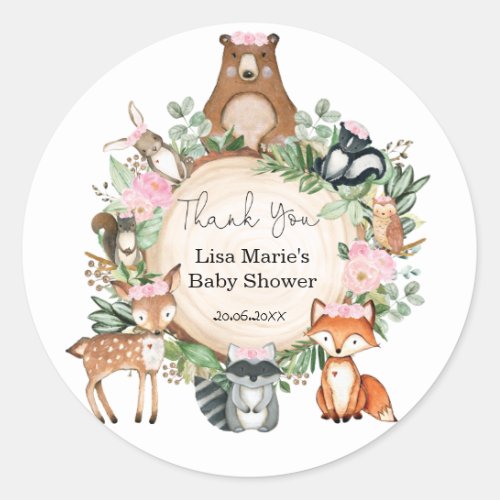 Pink Flowers Woodland Animals Baby Girl Shower Classic Round Sticker
