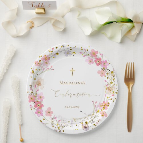 pink flowers wreath Confirmation Paper Plates