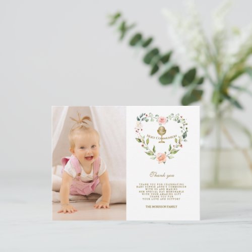 Pink Flowers Wreath Photo Girl Holy Communion Thank You Card
