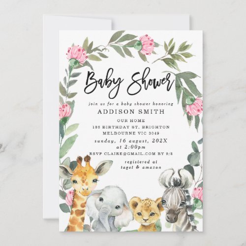 Pink Flowers Wreath Safari Baby Shower Invitation