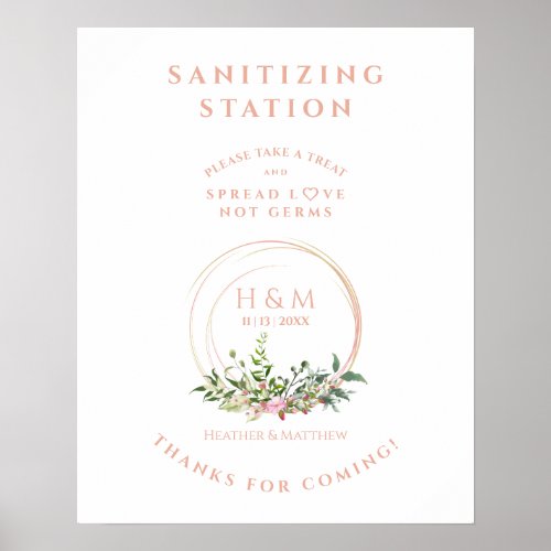 Pink Flowers Wreath Wedding Sanitizing Gel Station Poster