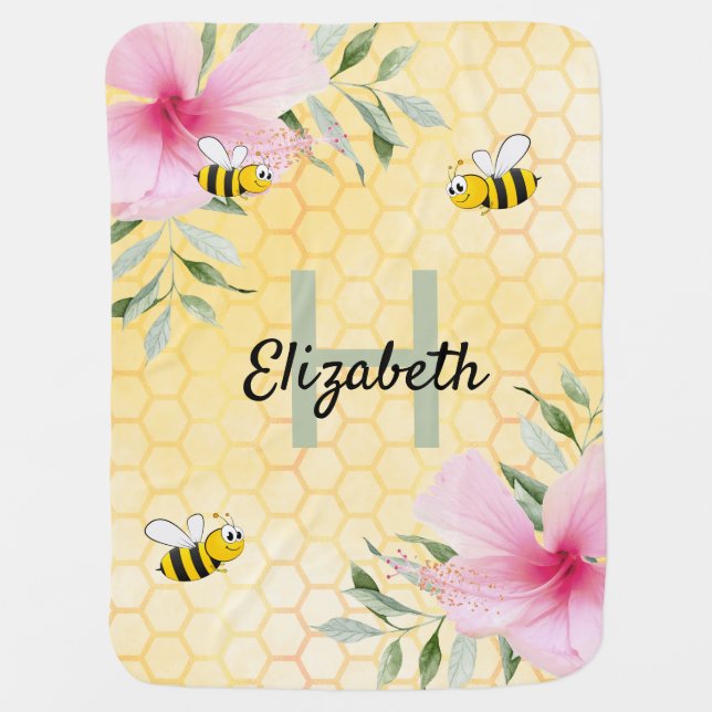 Pink flowers yellow honeycomb bees name baby blanket (Front)