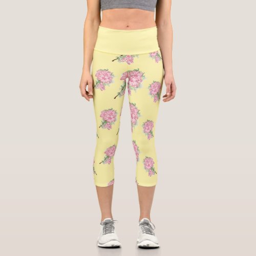 Pink flowers yellow pattern capri leggings