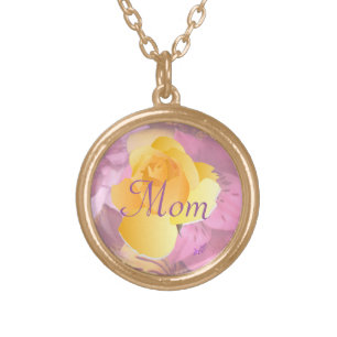 Pink Flowers Yellow Rose Mom Gold Round Necklace