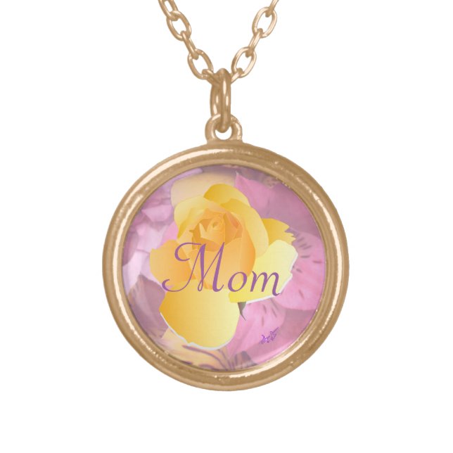 Pink Flowers Yellow Rose Mom Gold Round Necklace (Front)