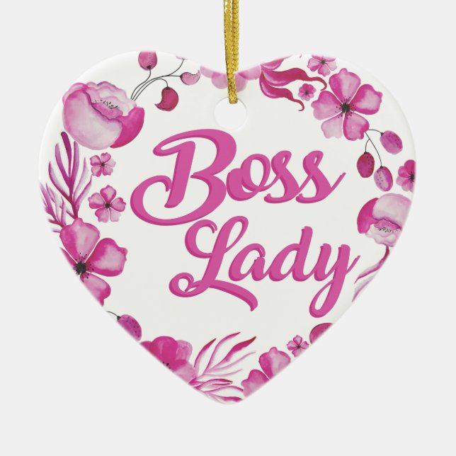 Pink Flowery Boss Lady Design Ceramic Ornament (Front)