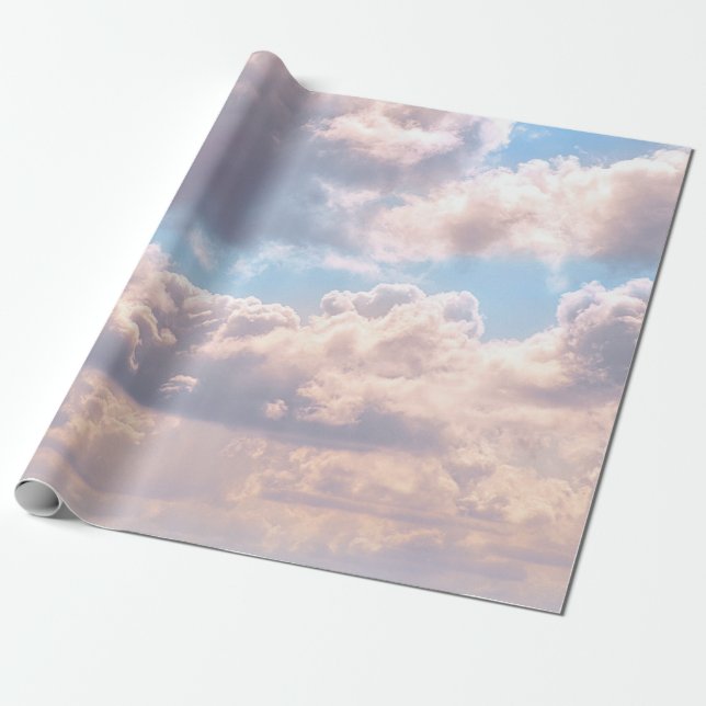 Pink Fluffy Clouds Blue Sky Dreamy Pastel Nature Wrapping Paper (Unrolled)