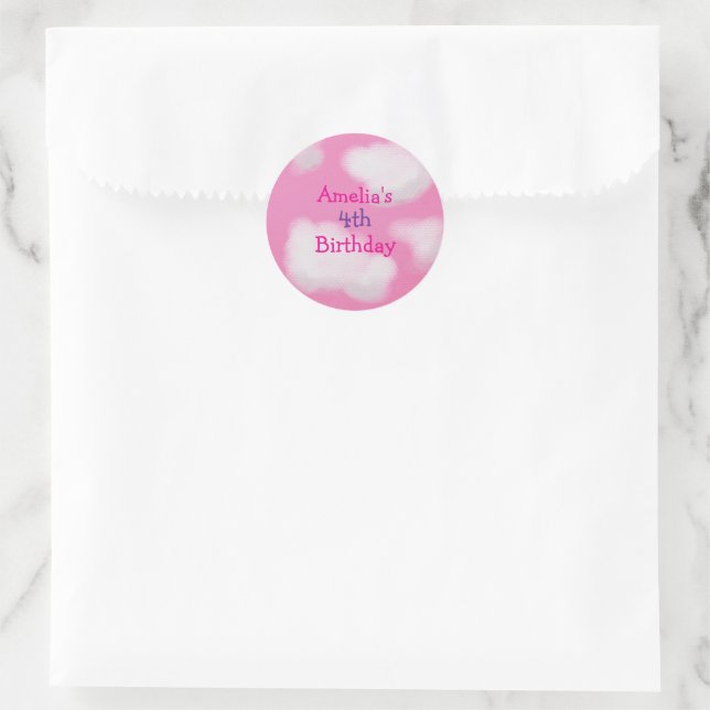 Pink fluffy clouds Personalized Birthday Classic Round Sticker (Bag)