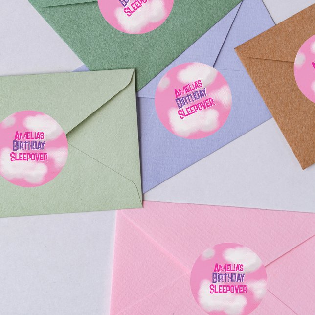 Pink fluffy clouds Personalized Birthday Classic Round Sticker (Creator Uploaded)