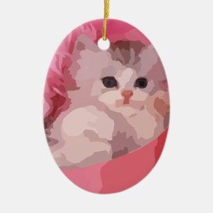 Pink fluffy kitten ceramic ornament