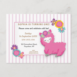 Pink Fluffy Llama Stripe First Birthday Invitation Postcard