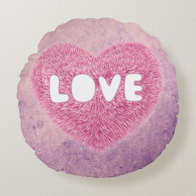 Pink fluffy Love Heart Round Pillow (Front)