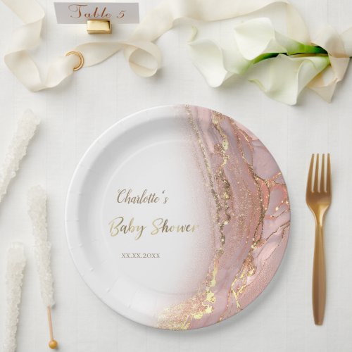 pink fluid marble Baby Shower Paper Plates