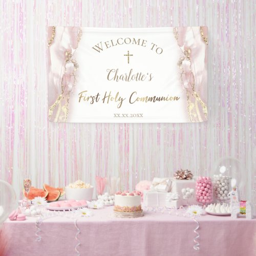 pink fluid marble  First Communion Banner