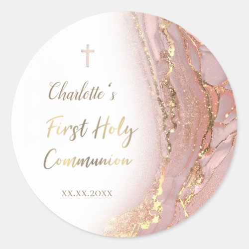 pink fluid marble First Communion Classic Round Sticker