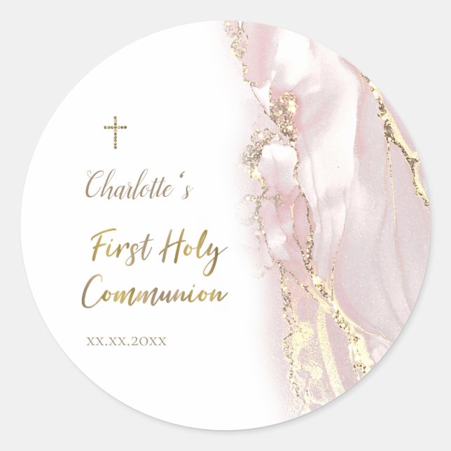 pink fluid marble First Communion Classic Round Sticker (Front)