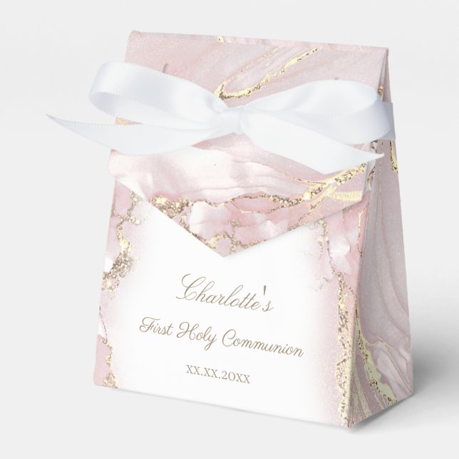 pink fluid marble First Communion Favor Boxes (Front Side)
