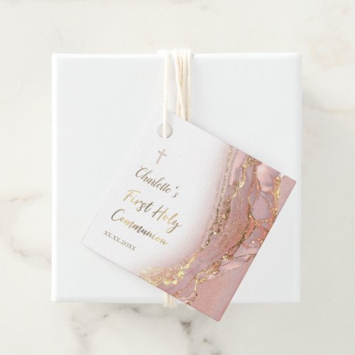 pink fluid marble First Communion Favor Tags