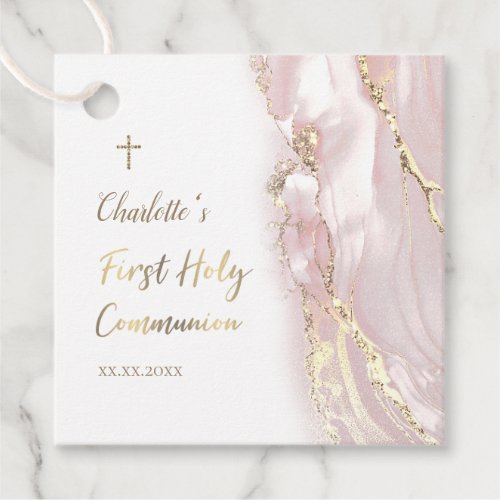 pink fluid marble First Communion Favor Tags