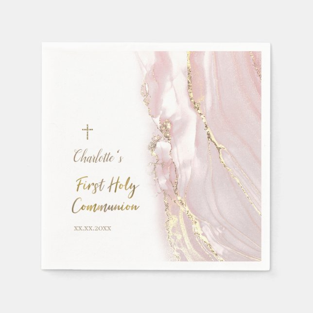 pink fluid marble First Communion Napkins (Front)