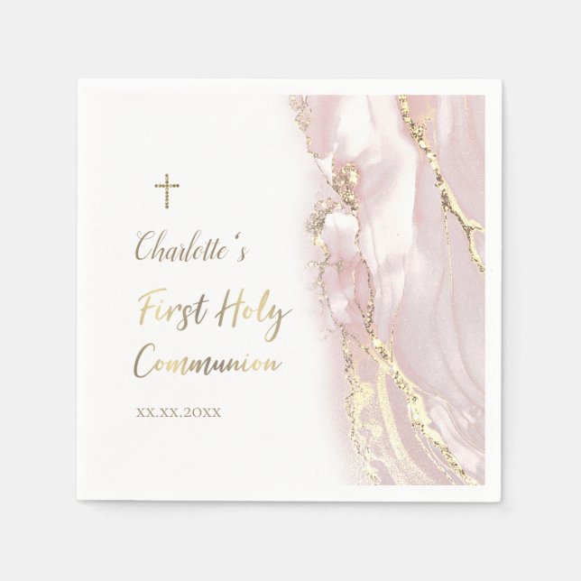 pink fluid marble First Communion Napkins (Front)