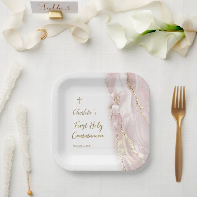 pink fluid marble First Communion Paper Plates (Wedding)