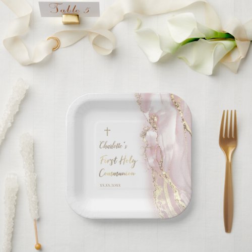 pink fluid marble First Communion Paper Plates