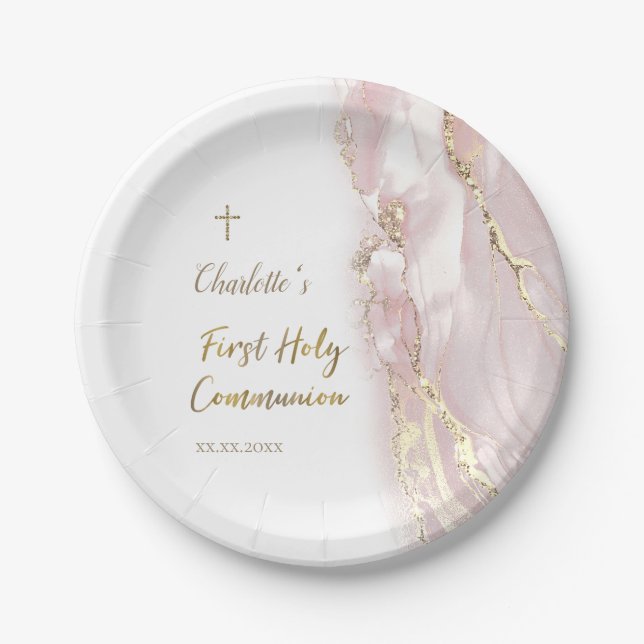 pink fluid marble First Communion Paper Plates (Front)