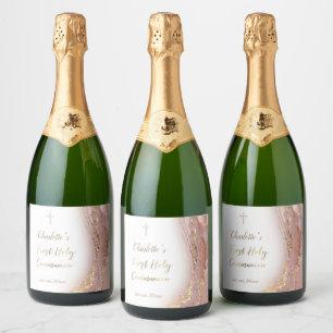 pink fluid marble First Communion Sparkling Wine Label