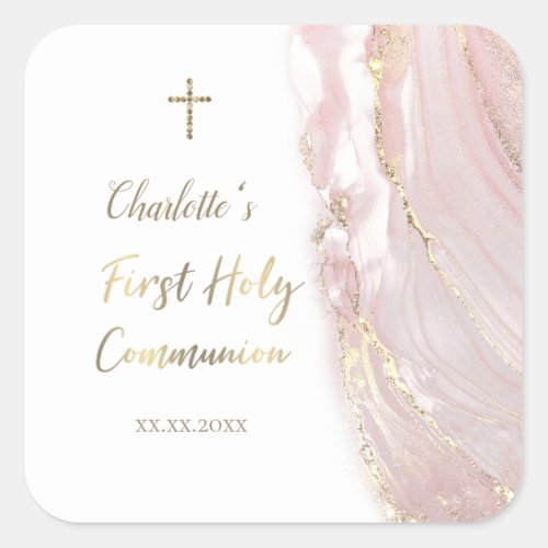 pink fluid marble First Communion Square Sticker
