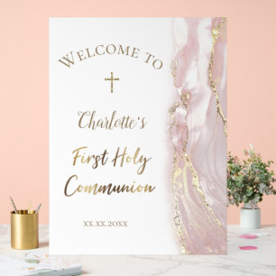 pink fluid marble First Communion welcome sign