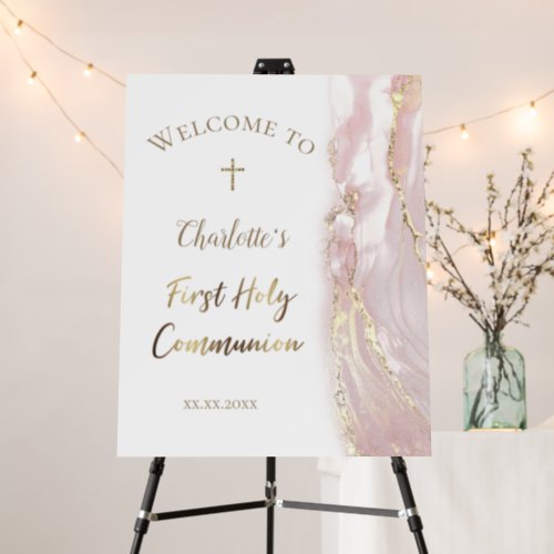 pink fluid marble  First Communion welcome sign