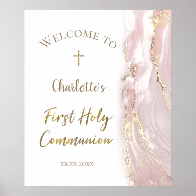 pink fluid marble | First Communion welcome sign (Front)