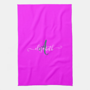 Pink Fluorescent Neon Monogram Kitchen Towel