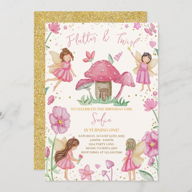Pink Flutter and Twirl Fairy Birthday Invitation (Front/Back)