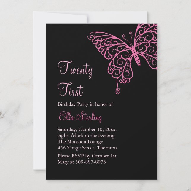 Pink Fluttering Butterflies Twenty First Birthday Invitation (Front)