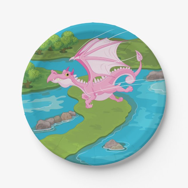 Pink Flying Dragon Over River Paper Plates (Front)
