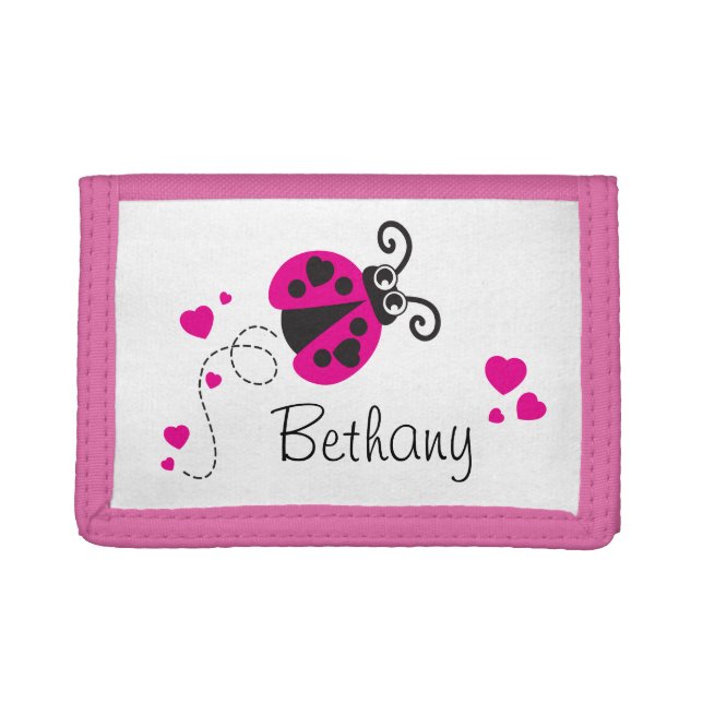 Pink flying ladybug / ladybird add your name purse tri-fold wallet (Front)