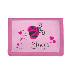 Pink flying ladybug / ladybird add your name purse tri-fold wallet