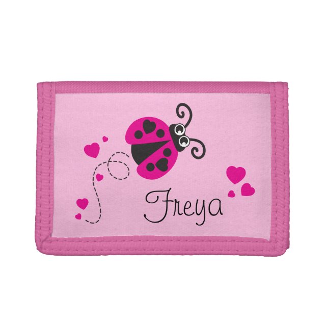 Pink flying ladybug / ladybird add your name purse trifold wallet (Front)