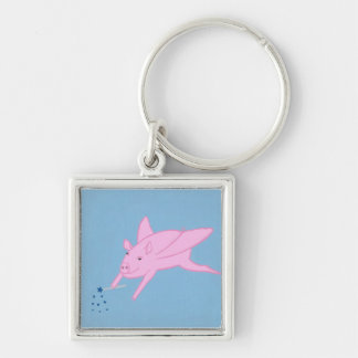 Pink Flying Pig Making Blue Stars Keychains