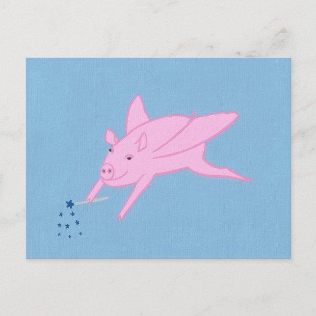 Pink Flying Pig Making Blue Stars Postcards (Front)