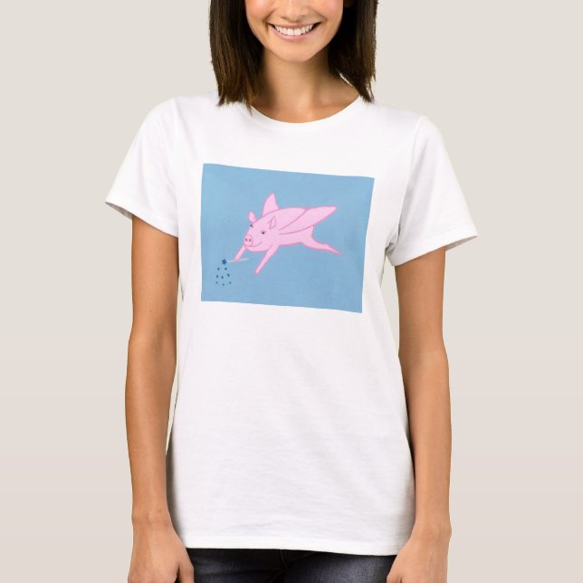 Pink Flying Pig Making Blue Stars Tees (Front)
