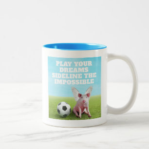 Pink Flying Pig Soccer Funny Inspirational Two-Tone Coffee Mug