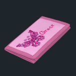 Pink flying stylized butterfly add your name purse trifold wallet<br><div class="desc">Encourage saving with this cute girls flying pink and purple stylised butterfly wallet or purse,  personalise with your girl's name. Currently reads Grace. Uniquely designed by Sarah Trett.</div>