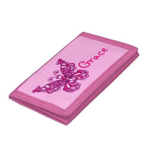 Pink flying stylized butterfly add your name purse trifold wallet