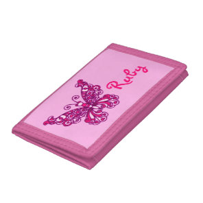Pink flying stylized butterfly name purse trifold wallet