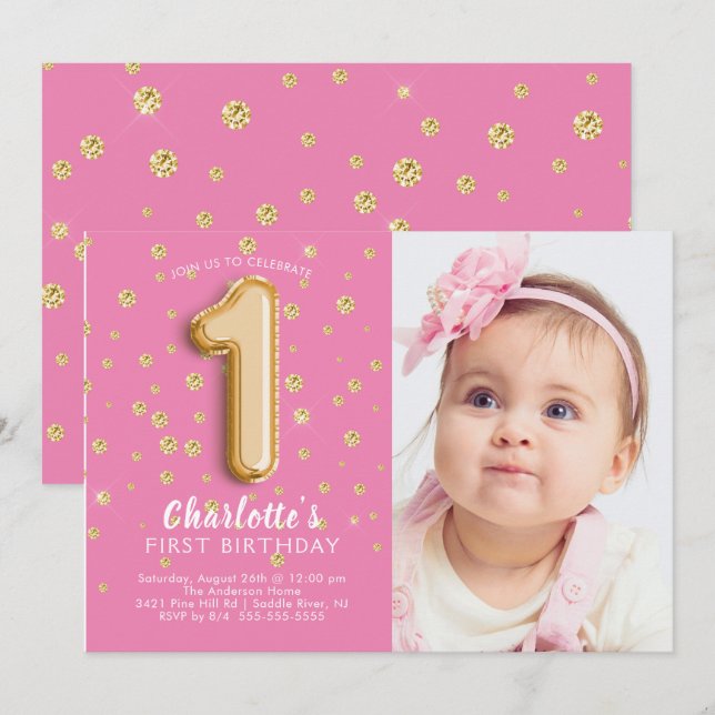 Pink Foil Balloon Photo 1st Birthday Invitation (Front/Back)