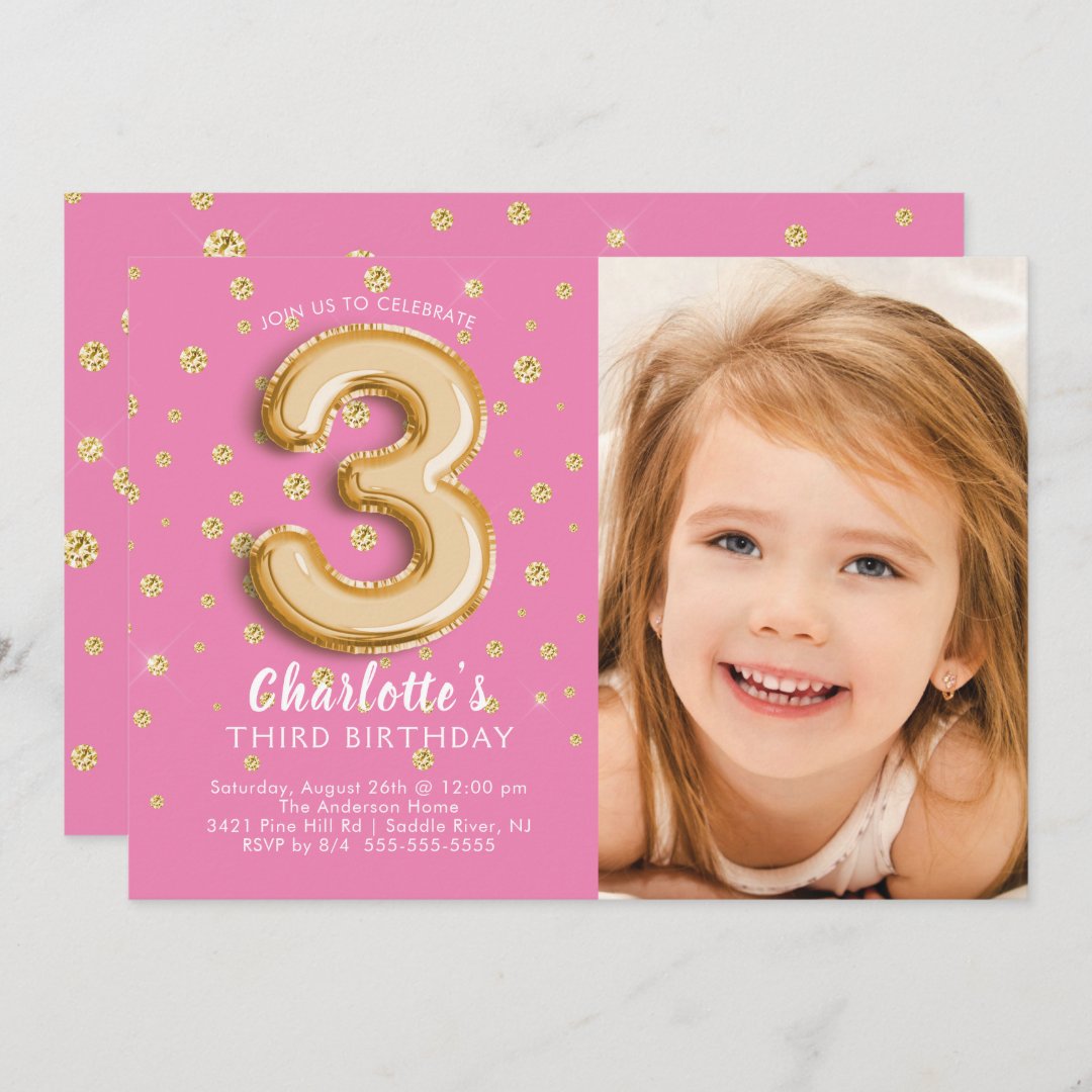 Pink Foil Balloon Photo 3rd Birthday Invitation Zazzle